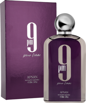 Fioletowa damska woda perfumowana Afnan 9 PM Pour Femme, butelka ze srebrnym korkiem i pudełko obok.