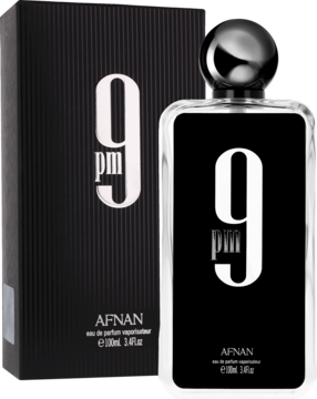 Woda perfumowana unisex 9 PM Afnan, czarna butelka i pudełko z białym napisem, orientalno-drzewny zapach.