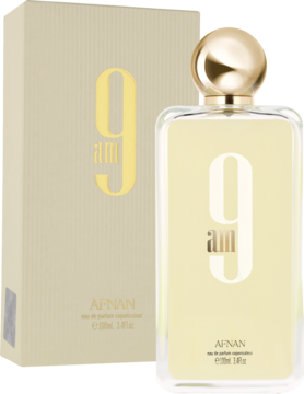 Woda perfumowana unisex Afnan 9 AM, prostokątna butelka 100ml z złotym korkiem i beżowym pudełkiem.