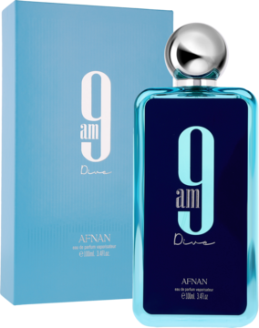 Afnan 9 AM Dive woda perfumowana unisex, niebieska butelka z granatową etykietą, stojąca obok jasnego pudełka.