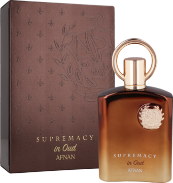 Afnan Supremacy In Oud, bursztynowa butelka perfum unisex ze złotą nakrętką i brązowym pudełkiem, pod kątem.