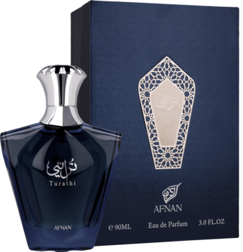 Perfumy Afnan Turathi Blue męskie, granatowa butelka z unikalnym kształtem, obok ozdobnego kartonu.