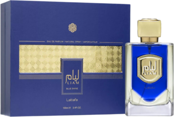 Liam Blue Shine Lattafa EDP dla mężczyzn, niebieskie pudełko i butelka z złotym korkiem, widok z przodu.