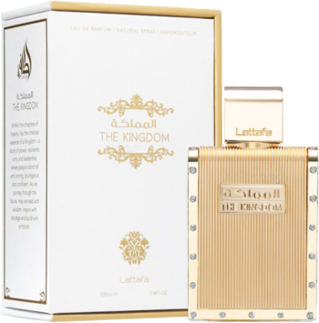 Męska woda perfumowana Lattafa The Kingdom. Złota, prostokątna butelka z pionowymi paskami i białe pudełko, widok z boku.