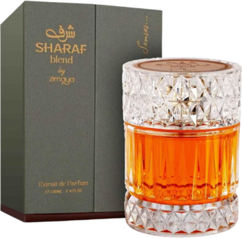 Zimaya Sharaf Blend, orientalna woda perfumowana. Fasetowana butelka z bursztynowym płynem obok zielonego opakowania.
