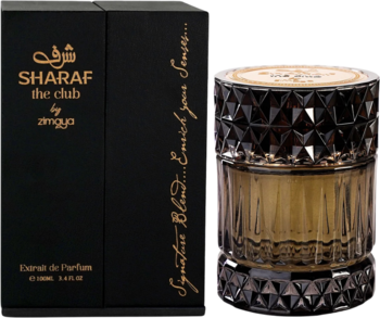 Perfumy Zimaya Sharaf The Club: czarne pudełko i fasetowany flakon z bursztynowym płynem, widok obok siebie.