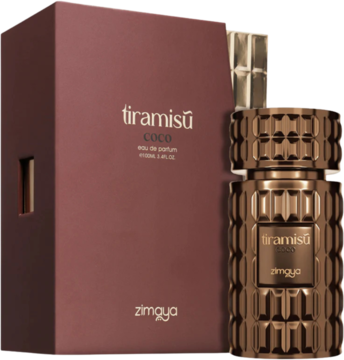 Zimaya Tiramisu Coco: rzeźbiona, brązowa butelka perfum i pasujące pudełko. Gourmand: kawa, amaretto, wanilia.