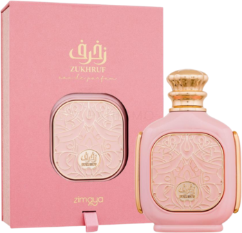 Zukhruf Pink Zimaya woda perfumowana, różowa butelka z złotym zdobieniem obok pasującego pudełka, widok z przodu.