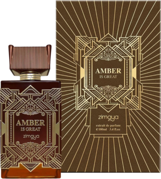 Ekstrakt perfum Amber Is Great Zimaya, butelka z bursztynowym płynem i pasujące pudełko w stylu Art Deco.