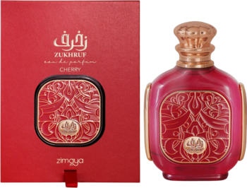 Zukhruf Cherry woda perfumowana dla kobiet, czerwone pudełko i flakon ze złotymi zdobieniami, ukazane obok siebie.