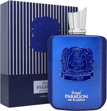 Męska woda perfumowana Zimaya Royal Paragon, granatowa butelka z herbem i pudełko w paski, widok z przodu.