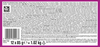 Tył kartonowego opakowania Whiskas Pure Delight Junior Drobiowe Frykasy w galaretce, 12x85g, z kodem kreskowym i drobnym tekstem.