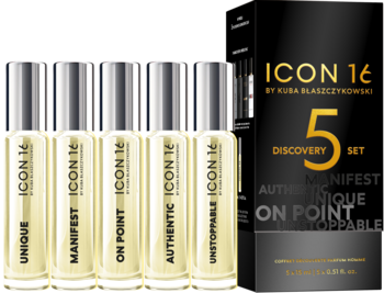 ICON 16 Discovery Set: Five clear rollerball perfumes (Unique, Manifest) with silver caps. Black box.