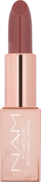 Pomadka NAM Hydra Gloss Wet Shine w odcieniu Dusty Sunset, z mokrym blaskiem, rose gold opakowanie, widok z przodu.