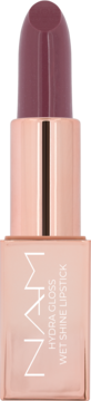 NAM Hydra Gloss Wet Shine Midnight Berry, ciemnoróżowa pomadka w różowozłotej oprawie, widok z przodu.