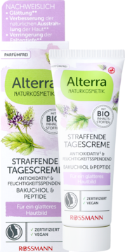 Dwie tuby Alterra NATURKOSMETIK straffende TAGESCREME, Bakuchiol & Peptyd, białe opakowanie z grafiką ziół.