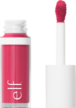 e.l.f. Camo róż w płynie Comin' In Hot Pink: otwarta przezroczysta fiolka i wyciągnięty aplikator.