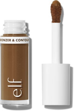 Butelka e.l.f. Camo Bronzer w płynie Medium z białym wieczkiem, obok precyzyjny aplikator, na białym tle.