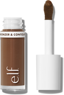 e.l.f. Camo Bronzer w płynie Tan Deep. Otwarta brązowa butelka z białym aplikatorem obok, dla naturalnego wykończenia.