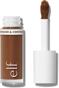 e.l.f. Camo Deep płynny bronzer do konturowania w otwartej butelce. Widoczny aplikator z brązowym produktem.