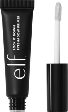 e.l.f. Lock It Down Eyeshadow Primer: czarna tubka i biały aplikator obok, lekko wyciągnięty z nakrętki.