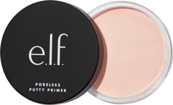 Otwarta baza e.l.f. Poreless Putty Primer: czarny słoiczek z srebrnym logo i gładka, różowa zawartość. Widok z góry.
