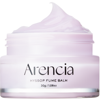 Arencia Hyssop Fume Balm, puszysty liliowy krem w słoiku, z widoczną teksturą, widok z przodu pod kątem.