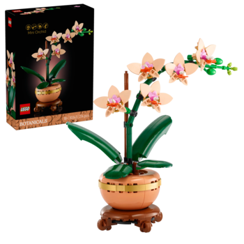 LEGO Orchid, realistyczny model z beżowymi kwiatami, zielonymi liśćmi, w kremowej doniczce ze złotym paskiem, obok pudełko.
