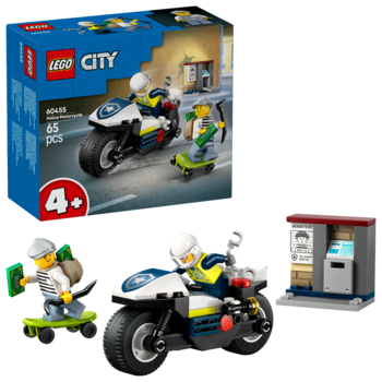 Zestaw LEGO City 60408 z policyjnym motocyklem ścigającym złodzieja na deskorolce koło bankomatu. Częściowo widoczne pudełko.