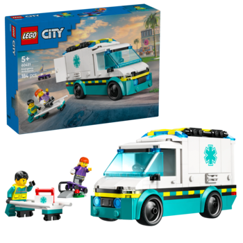 Zestaw LEGO City Karetka ratunkowa, biało-turkusowy ambulans, figurka medyka i pacjenta na desce, widok z pudełkiem.