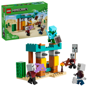 LEGO Minecraft zestaw z pustynną bazą, turkusowo-pomarańczowymi elementami i figurkami Illagerów. Widok z przodu, pudełko w tle.