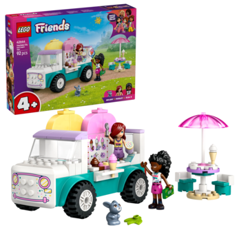LEGO Friends ciężarówka lodziarnia: złożony biało-turkusowy pojazd z figurkami i parasolem, z widocznym pudełkiem.