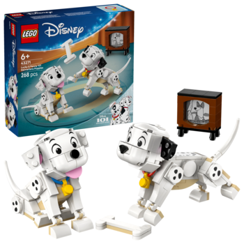 LEGO Disney 2 Dalmatyńczyki. Zestaw klocków z figurkami psów i retro telewizorem, pudełko w tle. Widok z przodu.