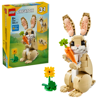 Złożony model LEGO Creator 3-in-1: beżowy królik z marchewką i kwiatem, obok pudełko zestawu na żółtym tle.