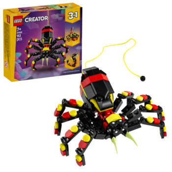 LEGO Creator 3-in-1: czarno-czerwony pająk z żółtymi akcentami, widok z przodu, pudełko zestawu w tle.