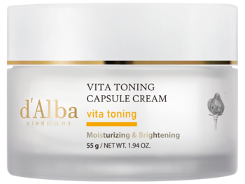 d'Alba Vita Toning Capsule Cream, biały słoik ze złotym paskiem, widok z przodu. Nawilża i rozjaśnia.