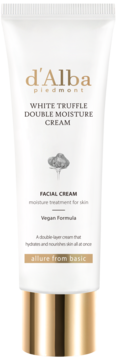 Krem d'Alba White Truffle Double Moisture Cream w białej tubce ze złotym spodem, widok frontalny.