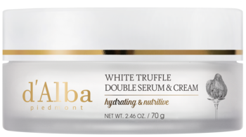 d'Alba White Truffle Double Serum & Cream w białym słoiku ze złotym paskiem, widok z przodu.