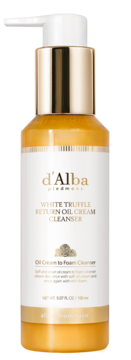 D'Alba White Truffle Return Oil Cream Cleanser (Oil-Cream to Foam) w biało-złotej butelce z pompką, widok z przodu.