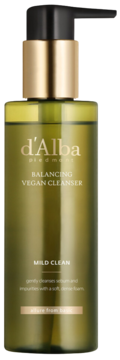 D'Alba Piedmont Balancing Vegan Cleanser, oliwkowy żel do mycia twarzy w butelce z czarną pompką, widok z przodu.
