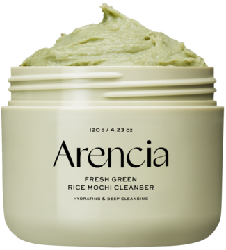 Otwarty słoik Arencia Fresh Green Rice Mochi Cleanser, z jasnozieloną, gęstą, kremową formułą do oczyszczania.