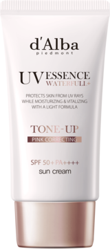 Biała tubka kremu d'Alba UV Essence Waterfull+ Tone-Up Pink Correcting, SPF 50+, z różowo-złotym spodem, widok z przodu.