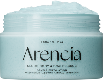 Błękitny peeling Arencia Cloud Body & Scalp Scrub w słoiczku 260g, widok od góry na jego puszystą konsystencję.