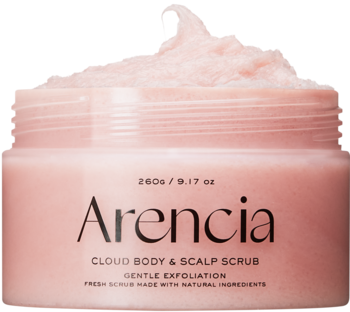 Różowy Arencia Cloud Body & Scalp Scrub w otwartym, przezroczystym słoiku, widok z góry na puszystą konsystencję.
