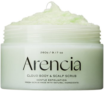 Arencia Cloud Body & Scalp Scrub, biały słoik, widoczny jasnozielony, puszysty peeling do ciała i skóry głowy.