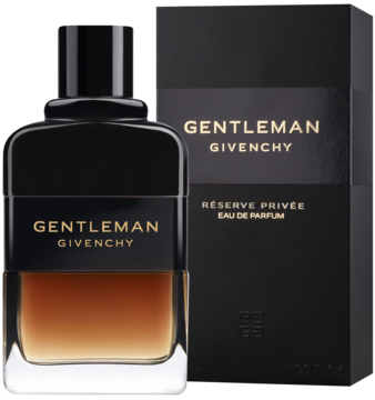 Gentleman Givenchy Réserve Privée, męska woda perfumowana. Ciemna butelka z bursztynowym płynem, obok czarne pudełko.