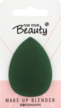 Zielona gąbka do makijażu For Your Beauty Rossmann w kształcie łezki, w białym opakowaniu, widok z przodu.