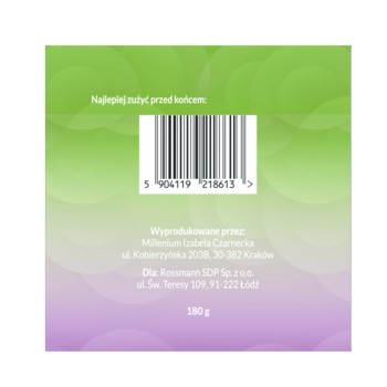 Tył opakowania produktu Rossmann, zielono-biało-fioletowe, z kodem kreskowym i informacjami o producencie, 180 g.