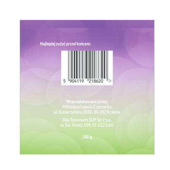 Tył opakowania z kodem kreskowym i napisem 'Najlepiej zużyć przed końcem', gradient fioletu do zieleni, waga 580g.