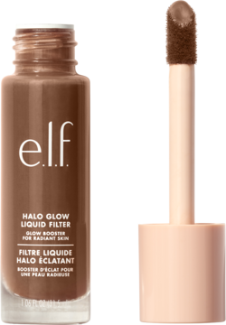 e.l.f. Halo Glow Liquid Filter Rich/Cool, brązowa butelka i aplikator z płynem, widok z przodu.
